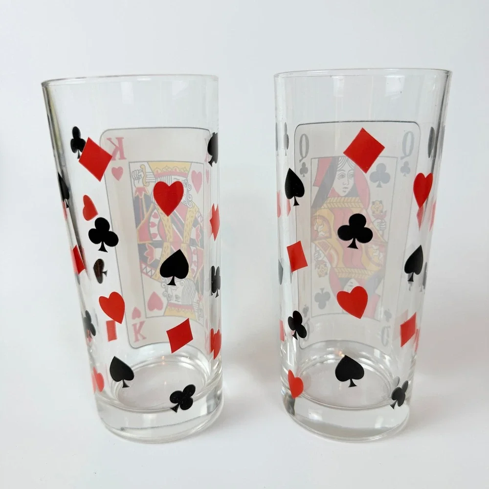 Playing‎ Card Highball Glasses Italy set of 2 King Hearts Queen Clubs 2pc 4382
